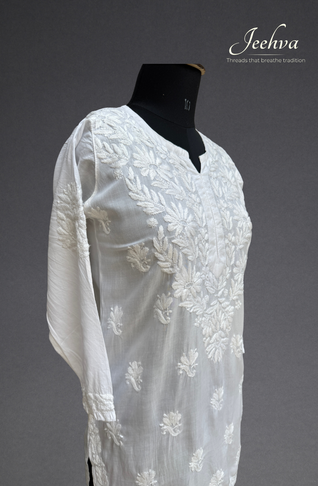 Pure Modal Chikankari Short Kurti – Floral Grandeur in White