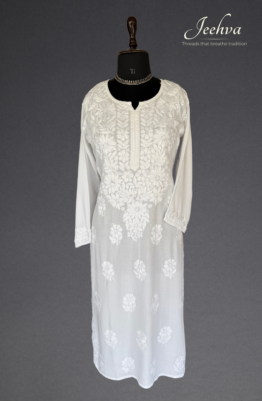 Rayon White Chikankari Long Kurti