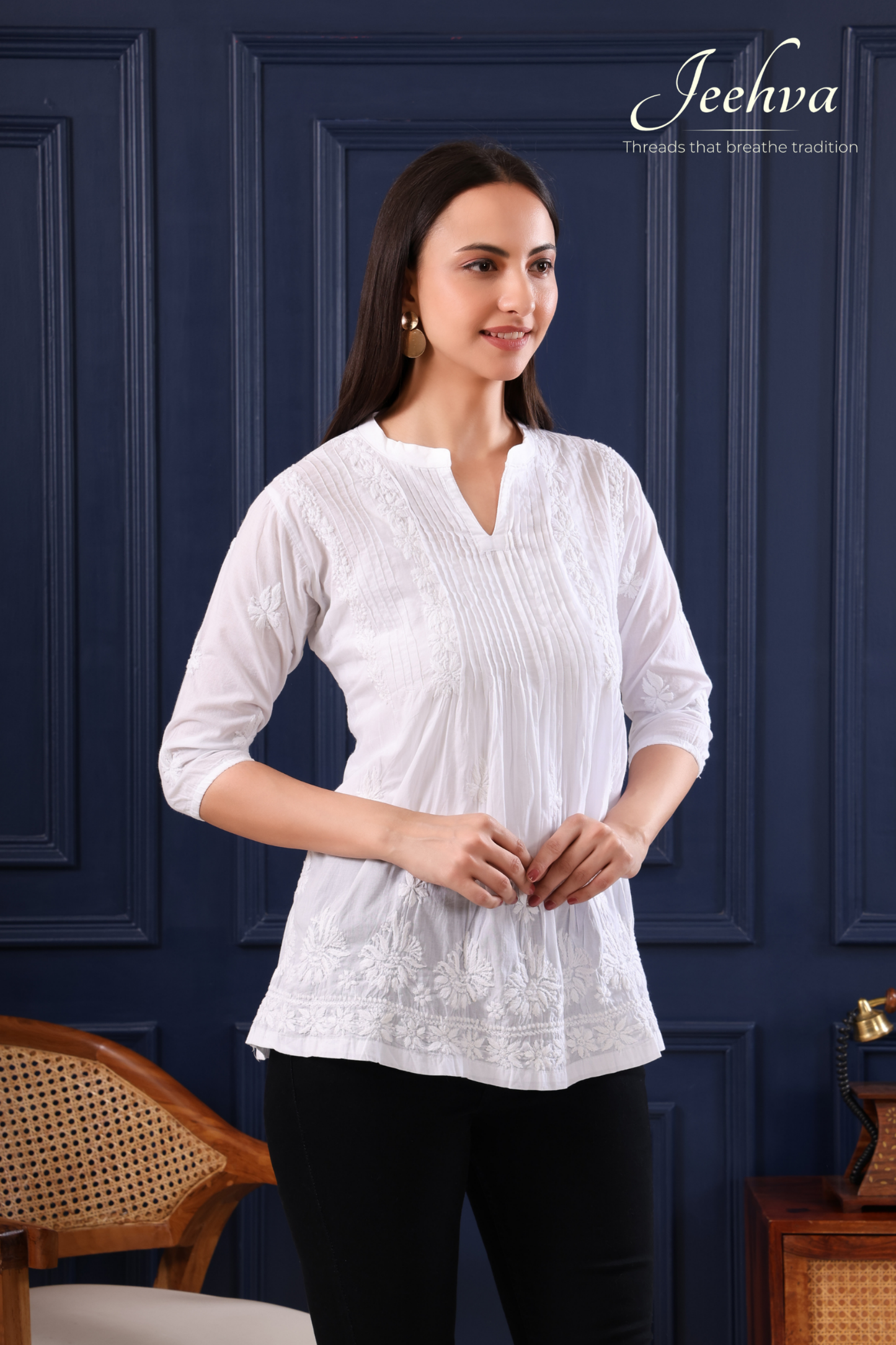 White Cotton Chikankari Pintuck Kurti – Classic Elegance with a Graceful Flare