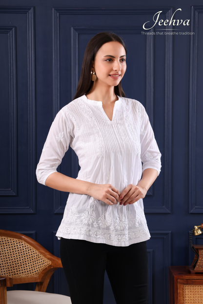 White Cotton Chikankari Pintuck Kurti – Classic Elegance with a Graceful Flare
