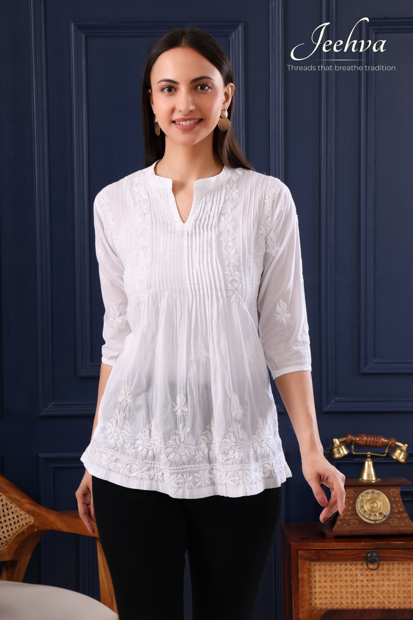 White Cotton Chikankari Pintuck Kurti – Classic Elegance with a Graceful Flare