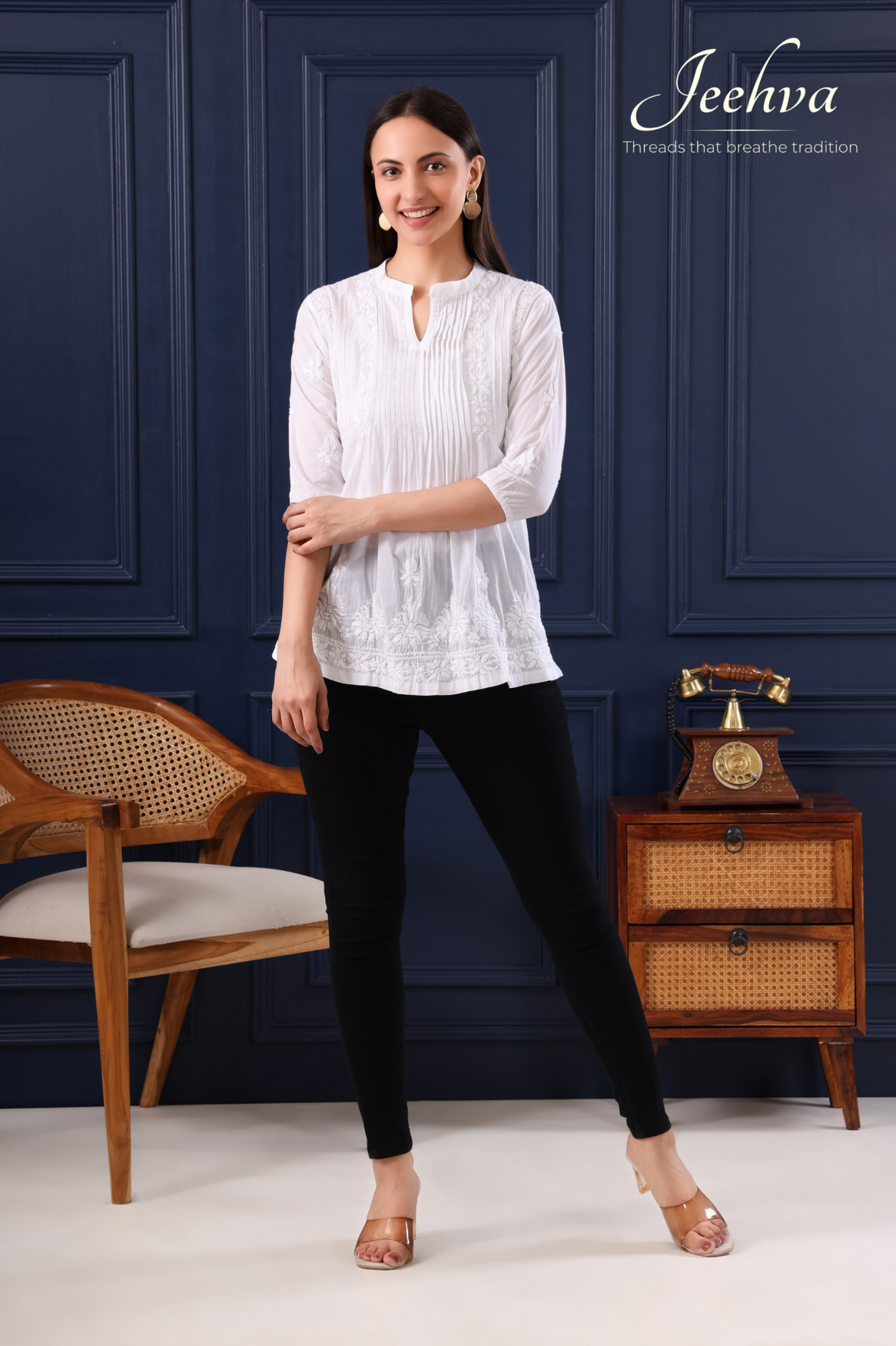 White Cotton Chikankari Pintuck Kurti – Classic Elegance with a Graceful Flare