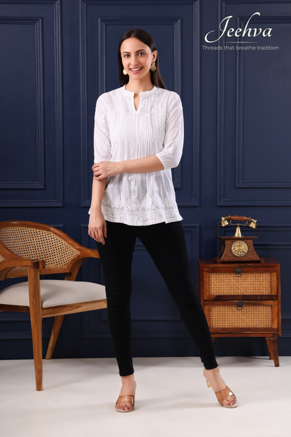 White Cotton Chikankari Pintuck Kurti – Classic Elegance with a Graceful Flare
