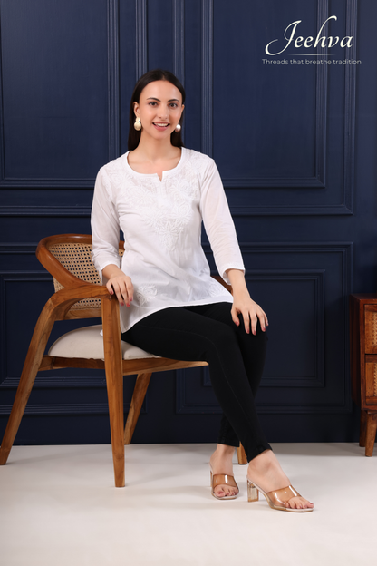 Cotton White on White Short Kurti